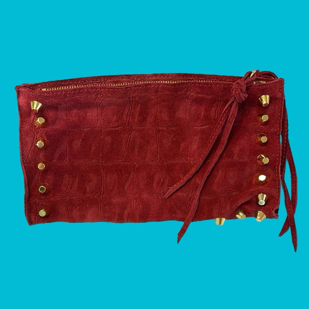 LINEA PELLE BURGUNDY SUEDE  FRIDGE CLUTCH‎ BAG